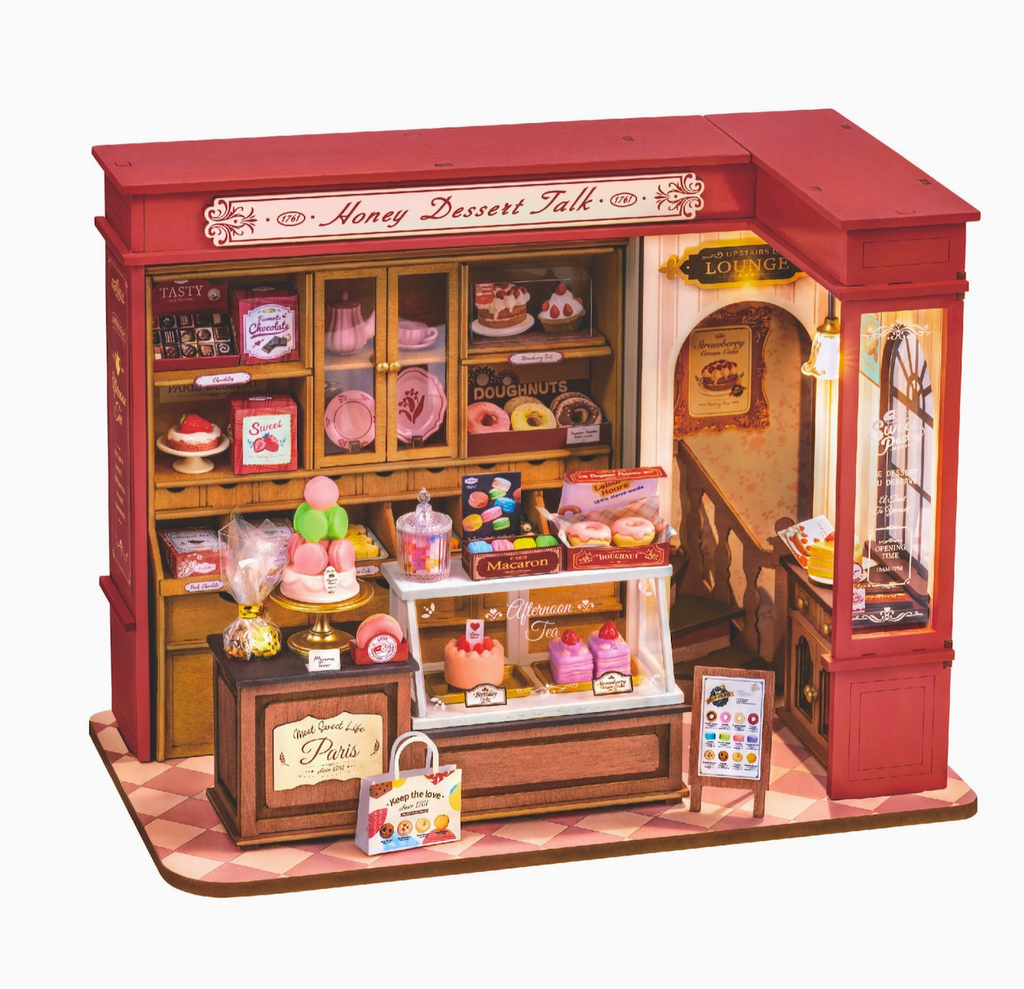 Close up of the Honey Dessert Talk Miniature House kit with all of the miniature accessories. 