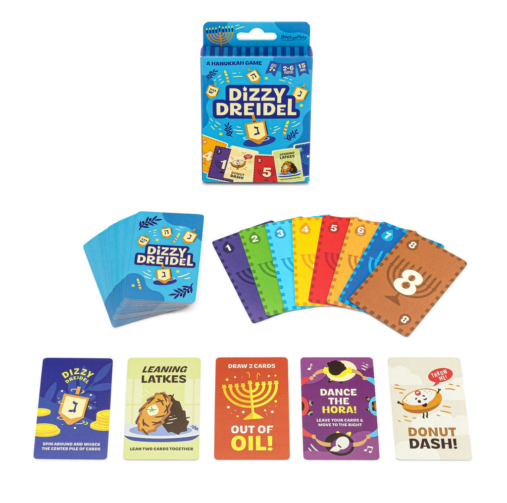 Several cards from the Dizzy Dreidel card game featuring illustrated action cards with latkes, menorahs, jelly donuts and other emblems of the season. 