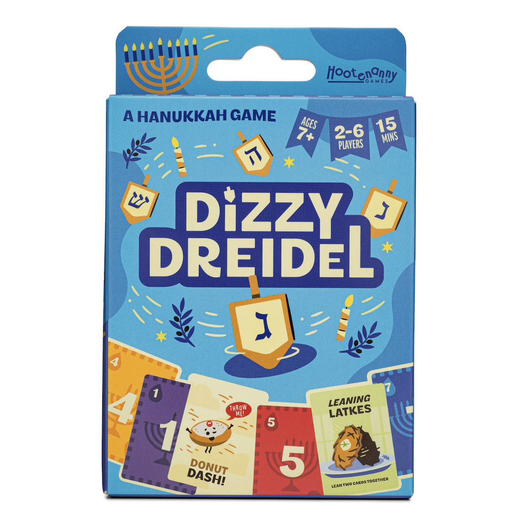 Blue card box holding the deck for Dizzy Dreidel a Hanukkah card game. 
