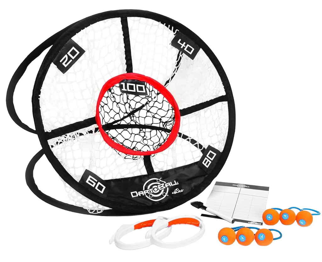 The DJubi Dart Ball net set up with the launchers, and six orange Djubi balls sitting in front of it. 