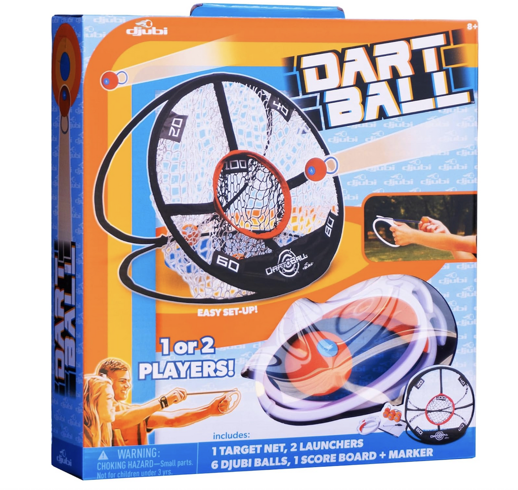 Blue and orange box with pictures of the Djubi Dart Ball set up. There is a target net, 2 launchers and balls. 
