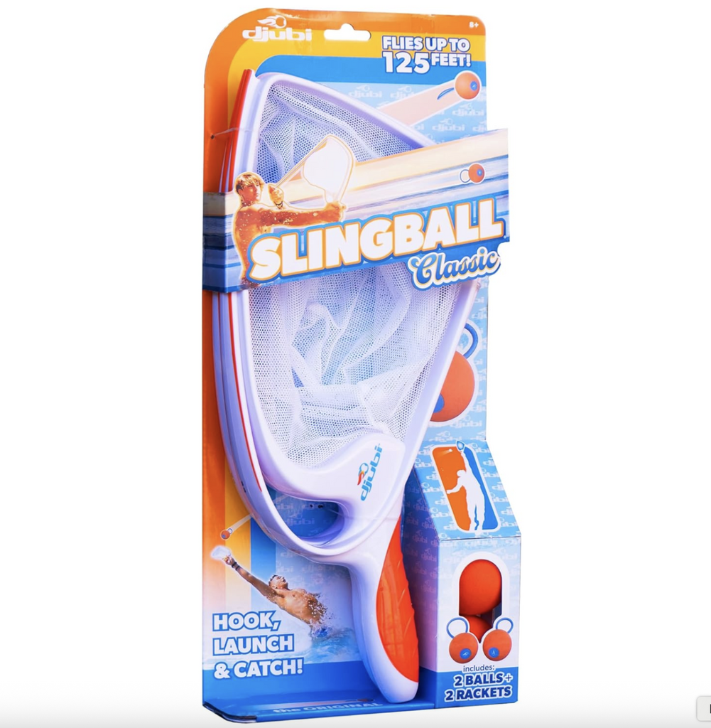 Slingball Classic set packaged on a hangcard. The set has two rackets that have a net for catching and the hook that launches the ball into the sky. Two orange balls are also inculded. 