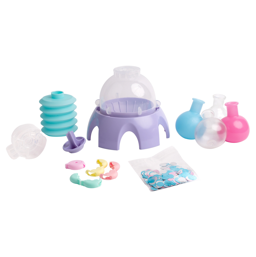 The Doctor Squish Mini Squishy Maker unit with squishy balloons, slime powder and sparkles,and reusable clips.