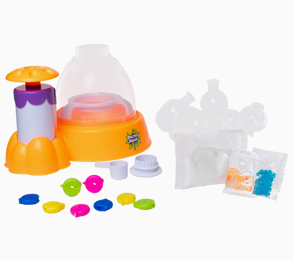 All the items in the Squishy Maker Station Glow Edition kit including 8 TPR squishies, 8 reusable colored clips, glow-in-the-dark sparkle packets and a slime powder pack.