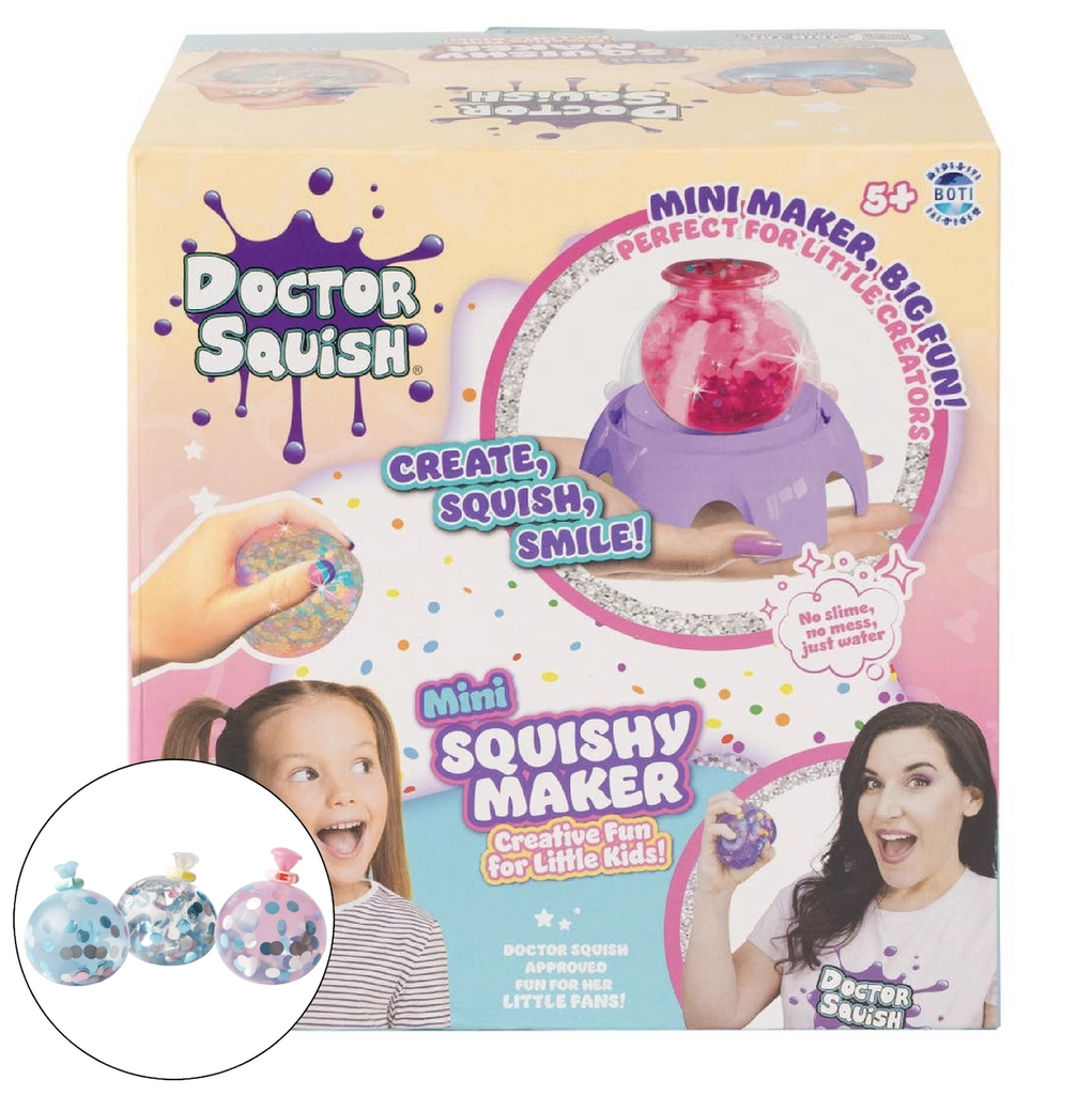 Doctor Squish Mini Squishy Maker packaged in a box with pictures of the squishy maker holding a squish toy ready to be filled with mix ins. 