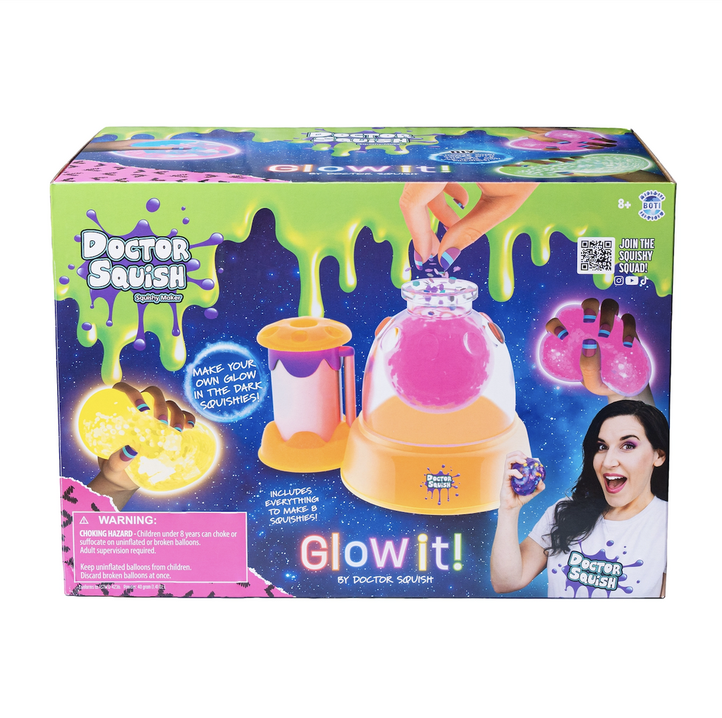 Colorful box with Doctor Squish squeezing a squishy toy and the Squishy Maker Station Glow Edition in the process of making a glow in the dark squish toy. 