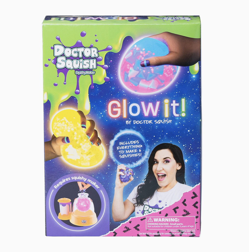 Doctor Squish Squishy Pack Glow Edition refill kit including six clear TPR balloons, six reusable clips, glow-in-the-dark slime powder and sparkles.Packaged in a box featuring Doctor Squish squeezing glow in the dark squishies. 