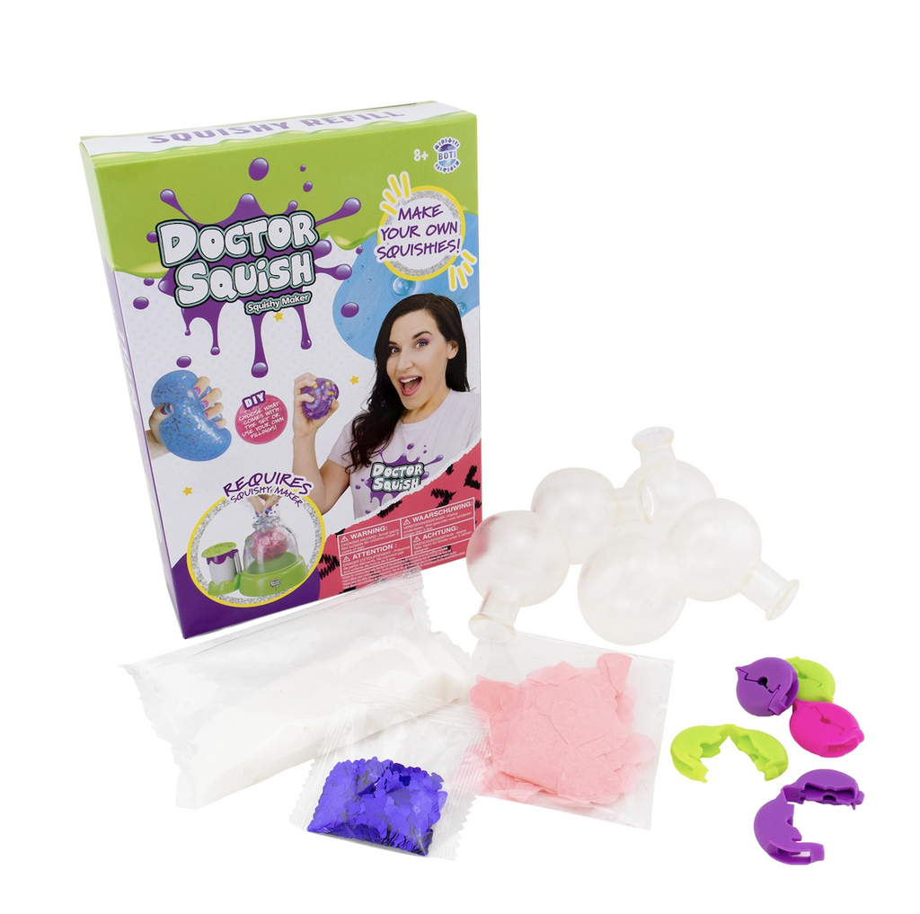Doctor Squish Squishy Refill Kit box with picture of Doctor Squish squeezing a purple squishy and all the components included in the refill kit, TPR balloons, reusable clips, slime-making powder, sparkles and decorative mix-ins. 