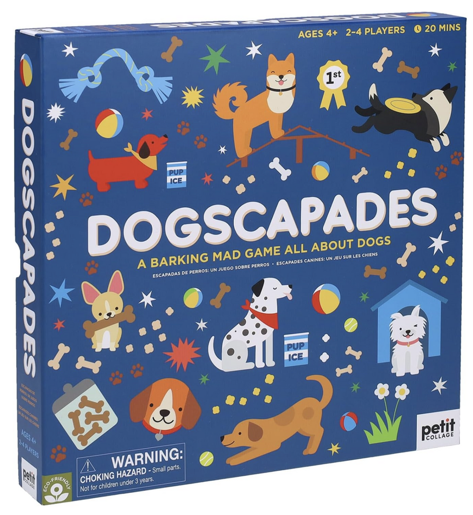 Game box for Dogscapades with illustrations of dogs all over the cover. 