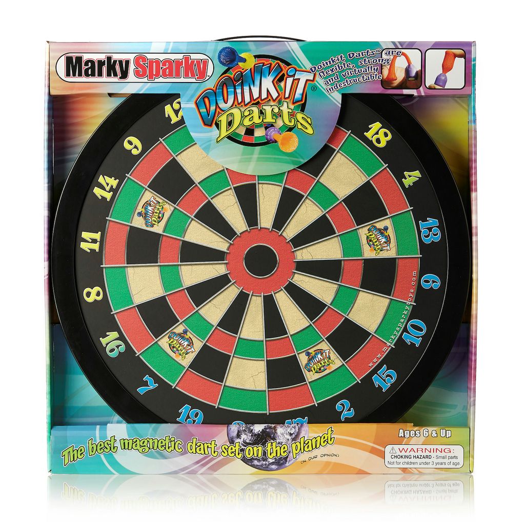 Marky Sparky Doinkit Darts set, in an open box featuring a magnetic dartboard with a black outer ring, red, green, and beige scoring sections. 