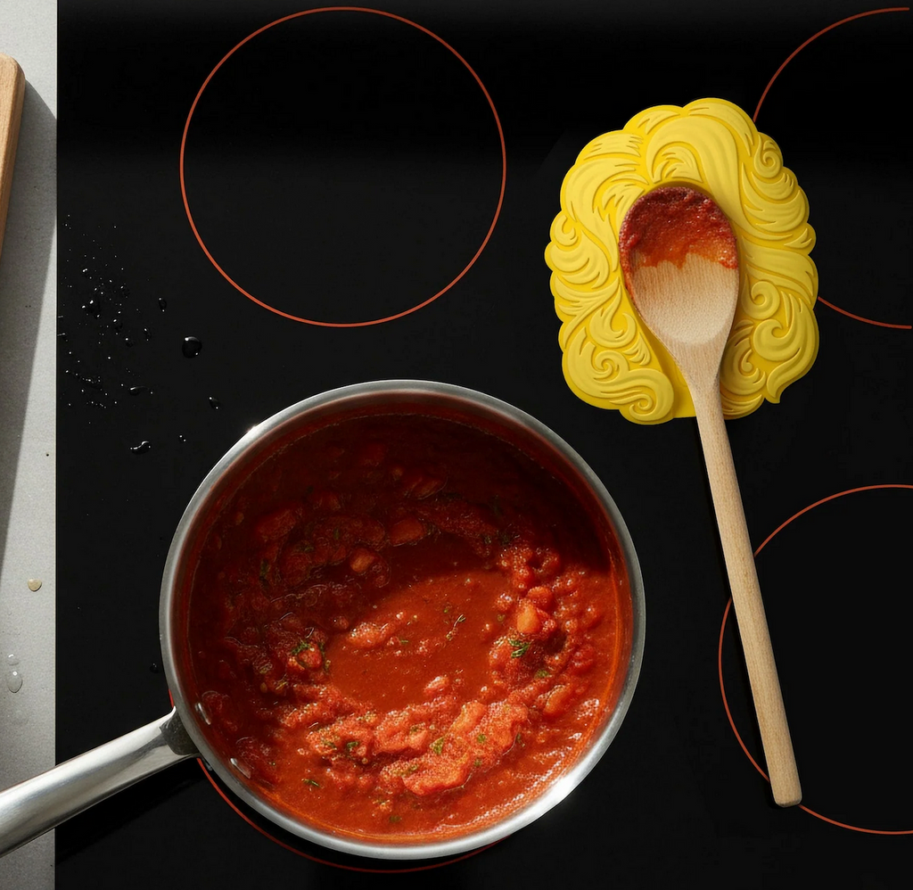 Stove top with a pot of tomato sauce and a wooden spoon resting in the Dolly Parton blonde hair shaped spoon rest. 