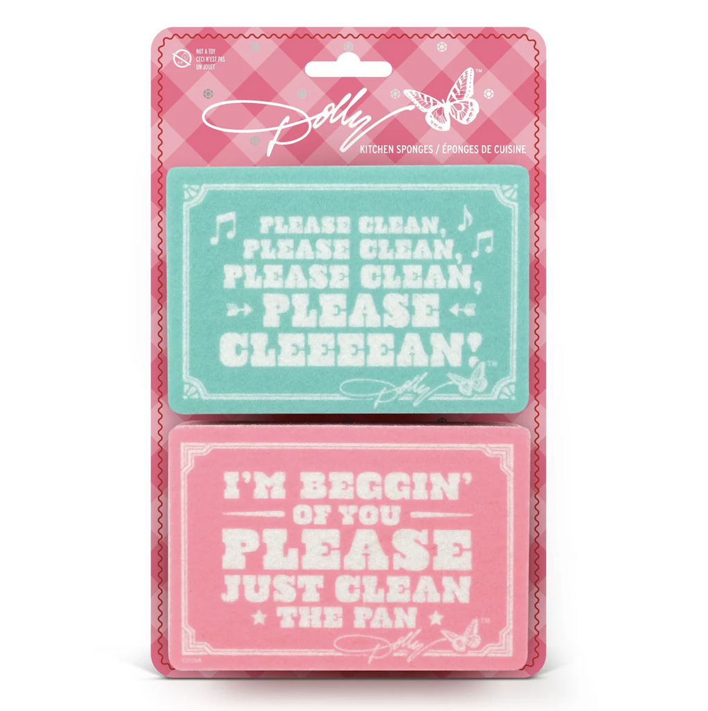 Two sign inspired sponges with parody lyric to Dolly Parton's song Jolene printed on the front in sign style, attached to a pink gingham backing card with foil rhinestones. 