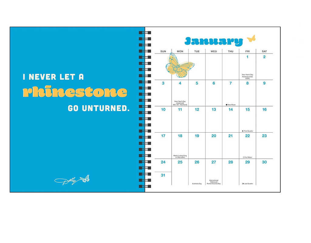 A spiral-bound planner or desk calendar shown open to a January page, with a bright blue left panel containing the quote 'I NEVER LET A rhinestone GO UNTURNED.' and a white right panel with a calendar grid, butterfly illustration, and small orange icon.