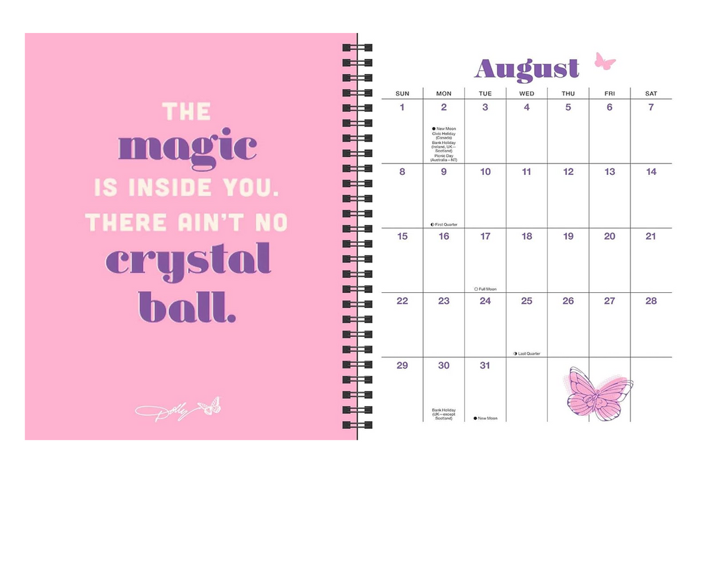 A spiral-bound planner or notebook shown open on a white background. The left page is light pink with decorative text reading, 'THE magic IS INSIDE YOU.