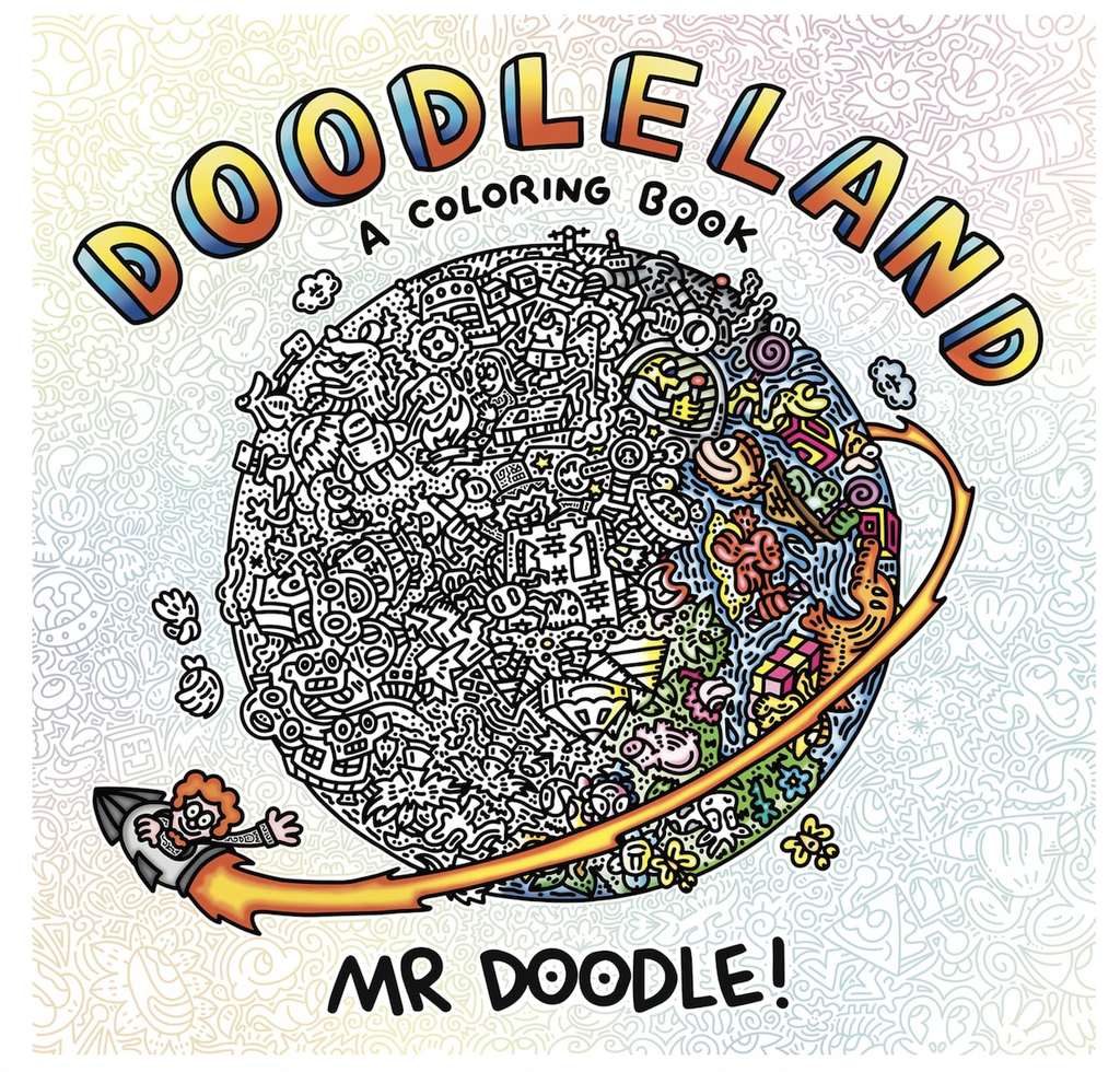 Cover of Doodleland, by Mr. Doodle with an intricate doodle of the earth with lots of tiny details. 