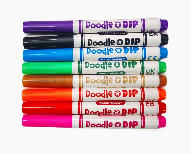 The Doodle N Dip markers in purple, black, blue, green, brown, orange, red and pink. 