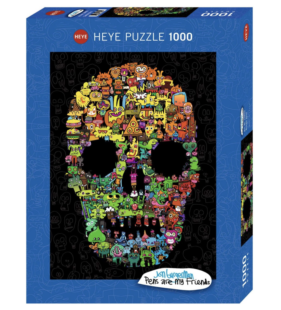 Bright blue box with an image of the completed Doodle Skull 1000 piece puzzle on the cover. 