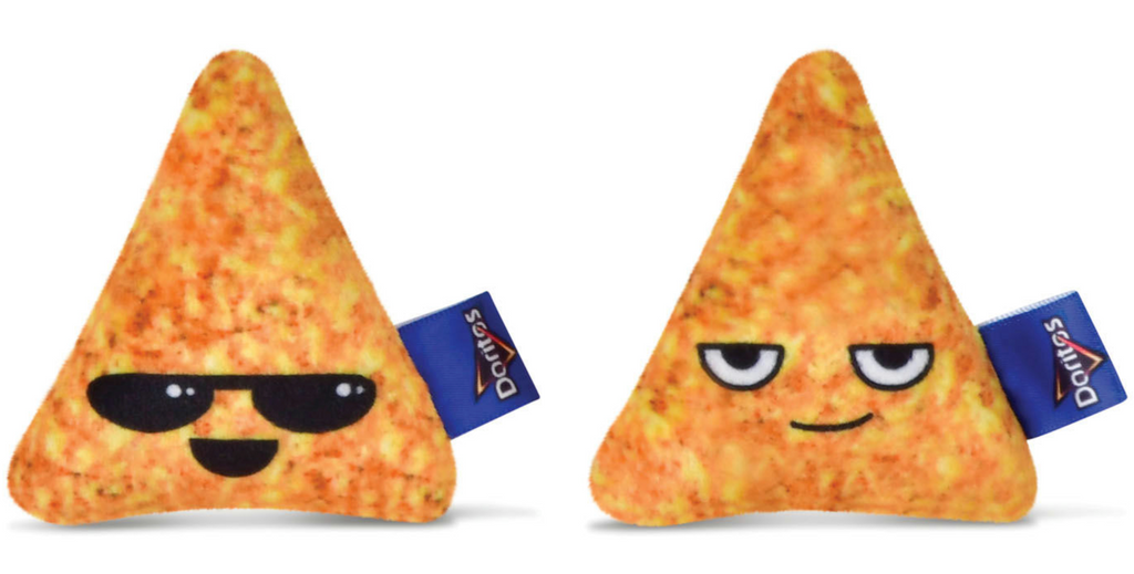 Two plush Doritos Cool Ranch chips with funny faces printed on them, they're found inside the plush Doritos Cool Ranch bag. 