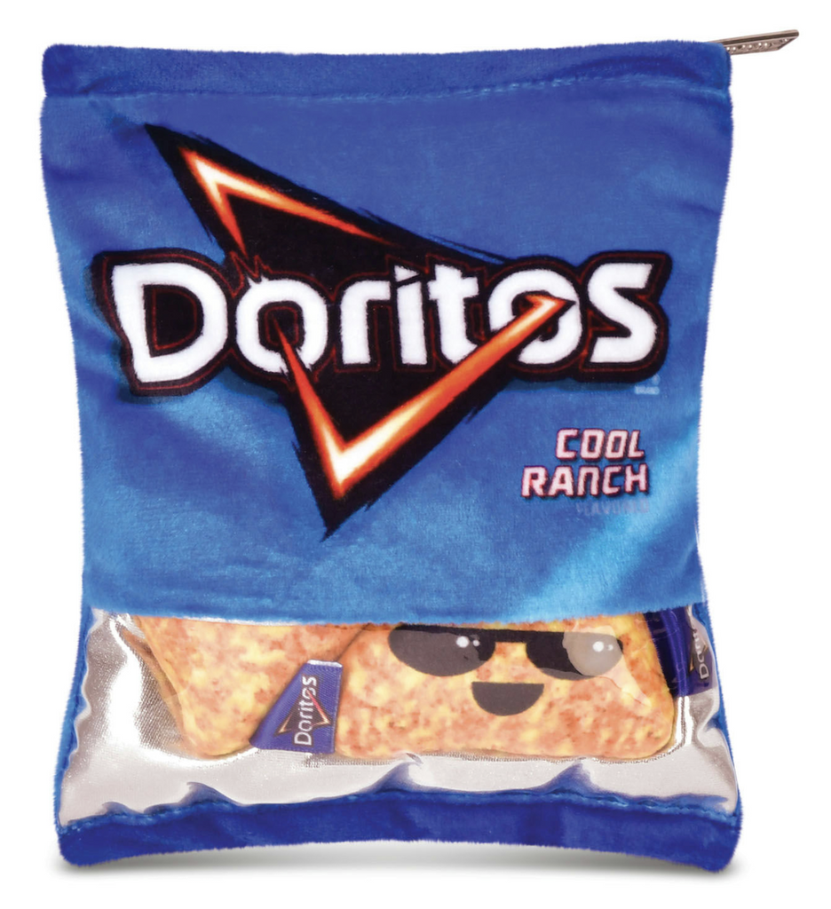 The signature blue bag of Doritos Cool Ranch snack chips in plush form with two crinkly, plush chips inside. 