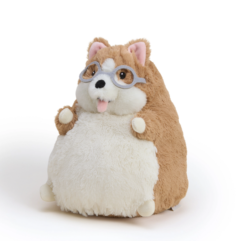 Weighted plush overstuffed Dorky Corgi wearing glasses and sticking his tongue out. He has a tan coat with white belly and is ready for cuddles. 