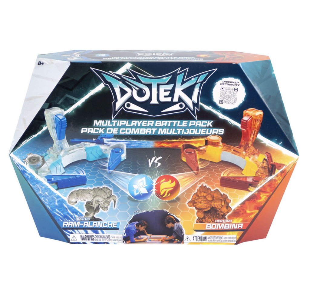 An hexongonal shaped box featuring the Doteki arena with the exclusive figures Bombina and Ram-alanche engaged in battle. 