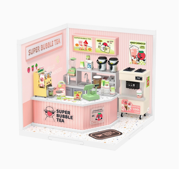 A close up view of the completed 3D model kit, with pink walls, and counter. A boba machine, cups, bleners, cash register and all the other necessary tools to run a boba store. 