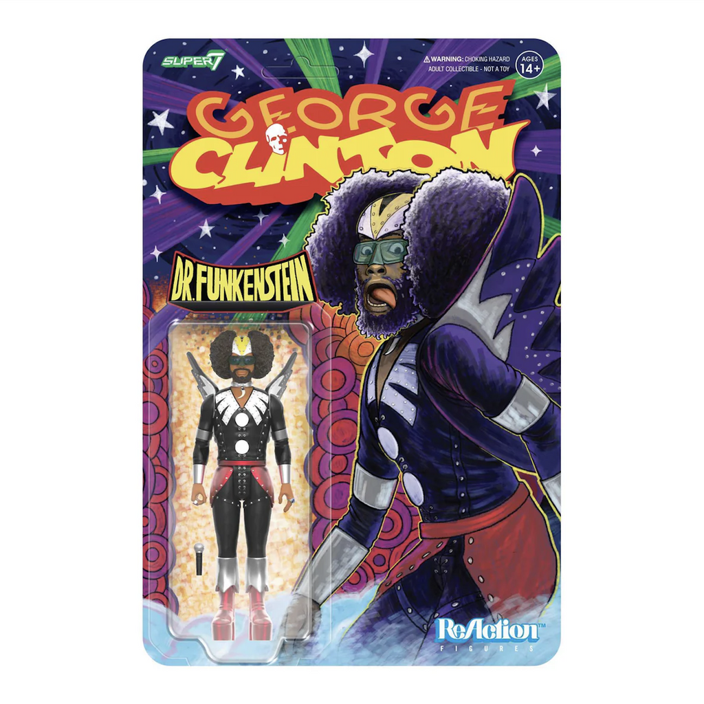 Dr, Funkenstein action figure on a backing card featuring colorful illustrations of Dr. Funkenstein as he appears on the album cover, The Clones of Dr. Funkenstein. 
