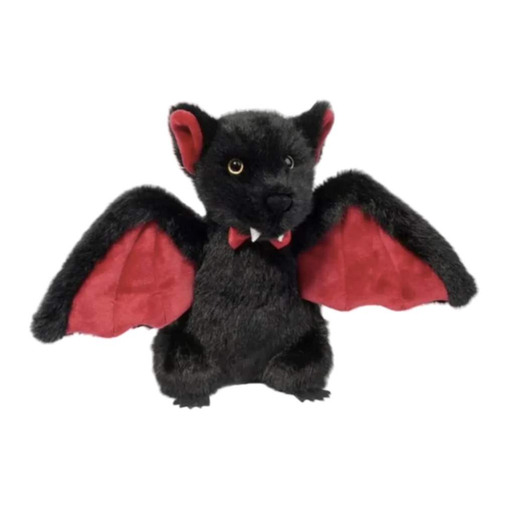 Black and red plush bat with a red bow tie on a white background.
