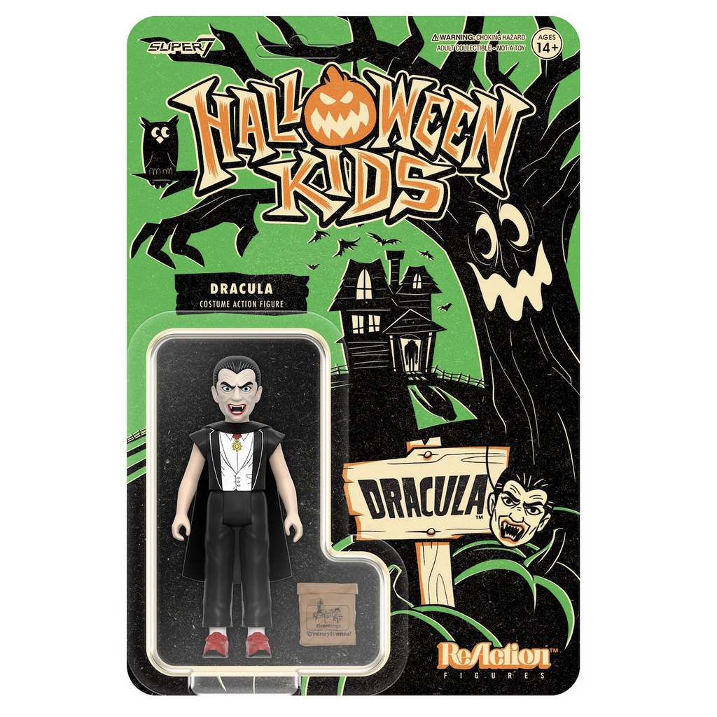 Halloween Kids Dracula Costume Action Figure by Reaction. Dracula figure is packaged on an illustrated backing card. 