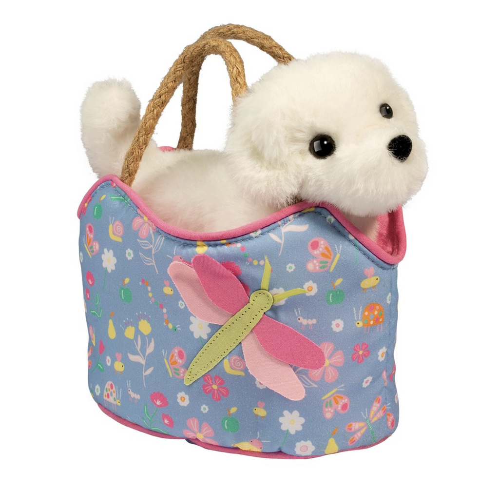 Cute little plush Bichon Frise stuffed animal in a plush purse with a sweet floral dragonfly print. 