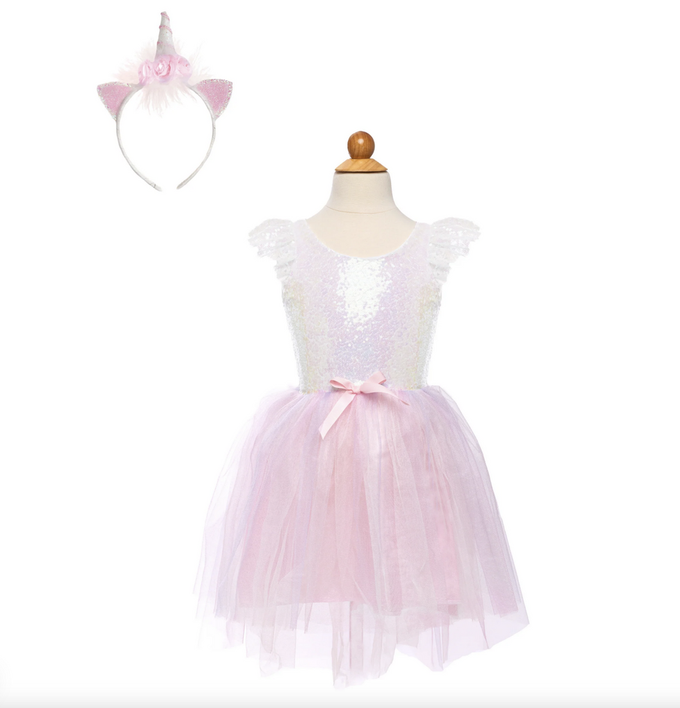 Dreamy Unicorn Dress with it's sequined bodice and fluffy pink tulle skirt. With a headband that has a unicorn horn and ears. 
