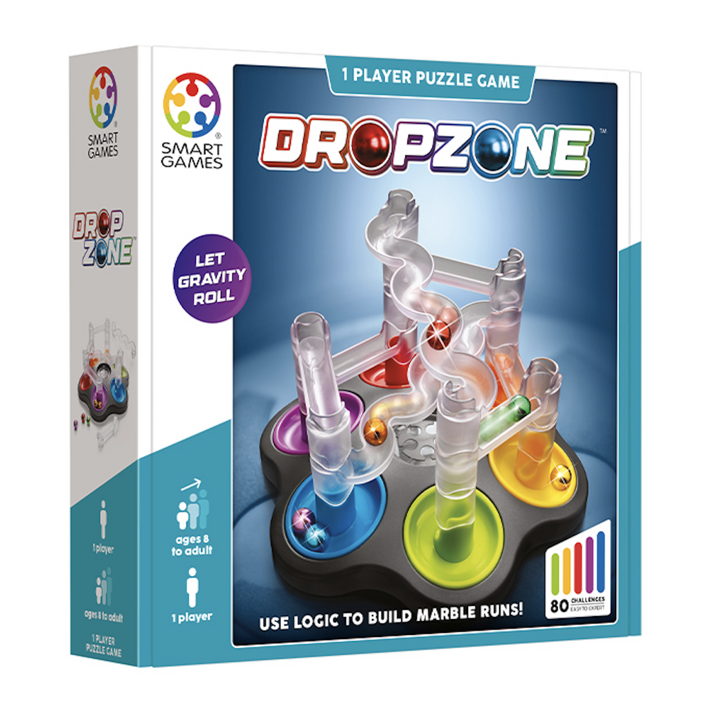 DropZone game box with a picture of the marble run constructed for game play. 