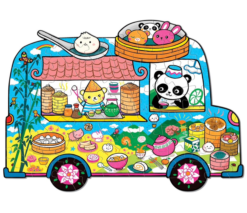 Truck shaped puzzle featuring an illustration of a colorful food truck. 