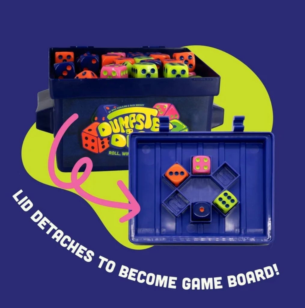 The lid from the Dumpster Dice game detached and flipped over to be used as the game board. 