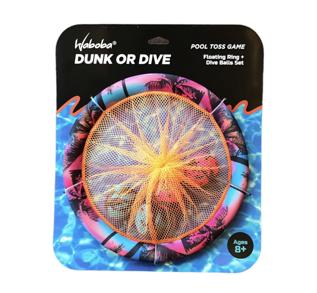 Dunk or Dive pool toss game with pink and blue palm tree patterned floating ring with dive balls. 