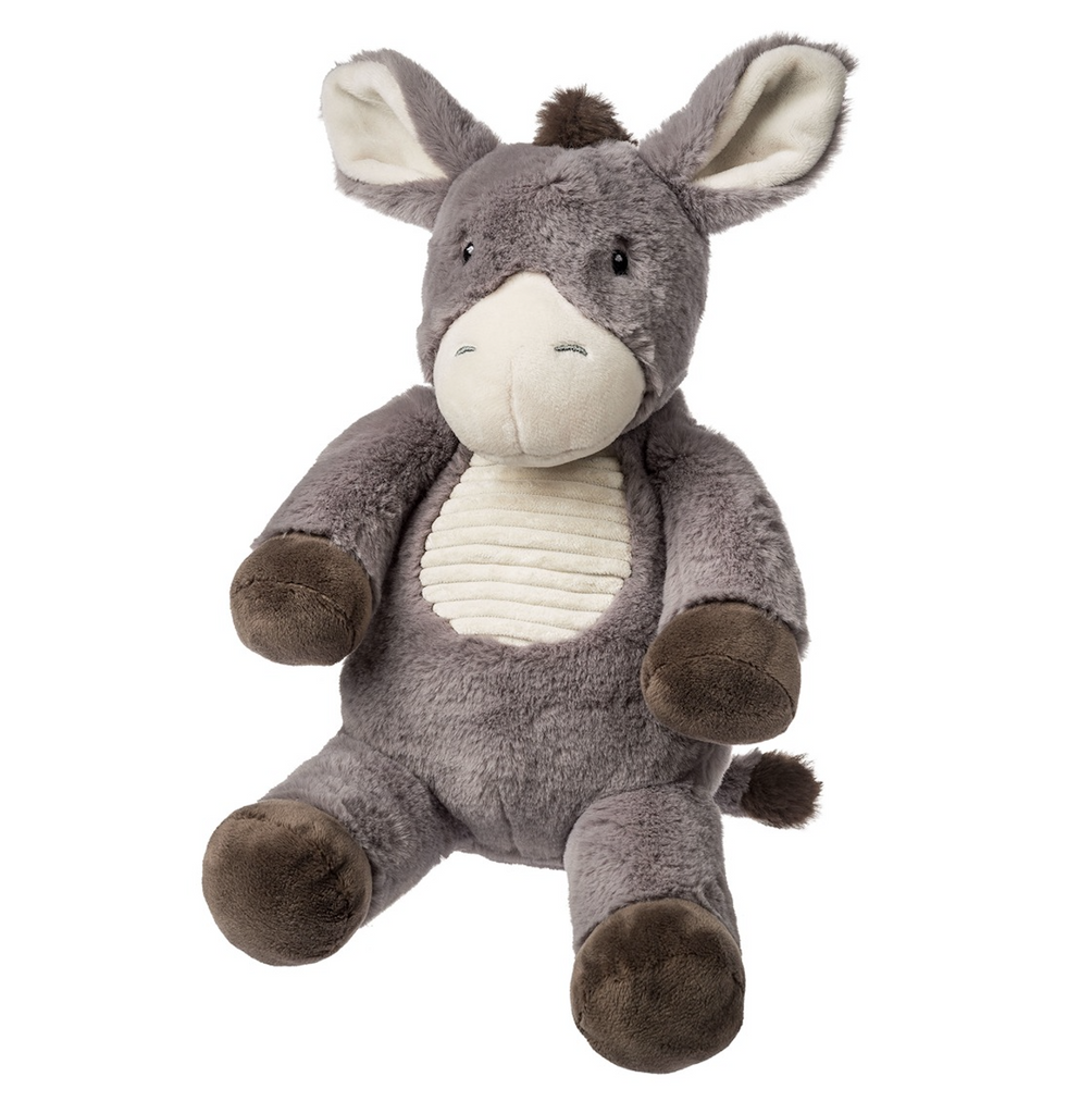 Dusty Donkey stuffed animal in a seated pose, facing forward with dark grey fur, a cream ribbed tummy and nuzzle. 