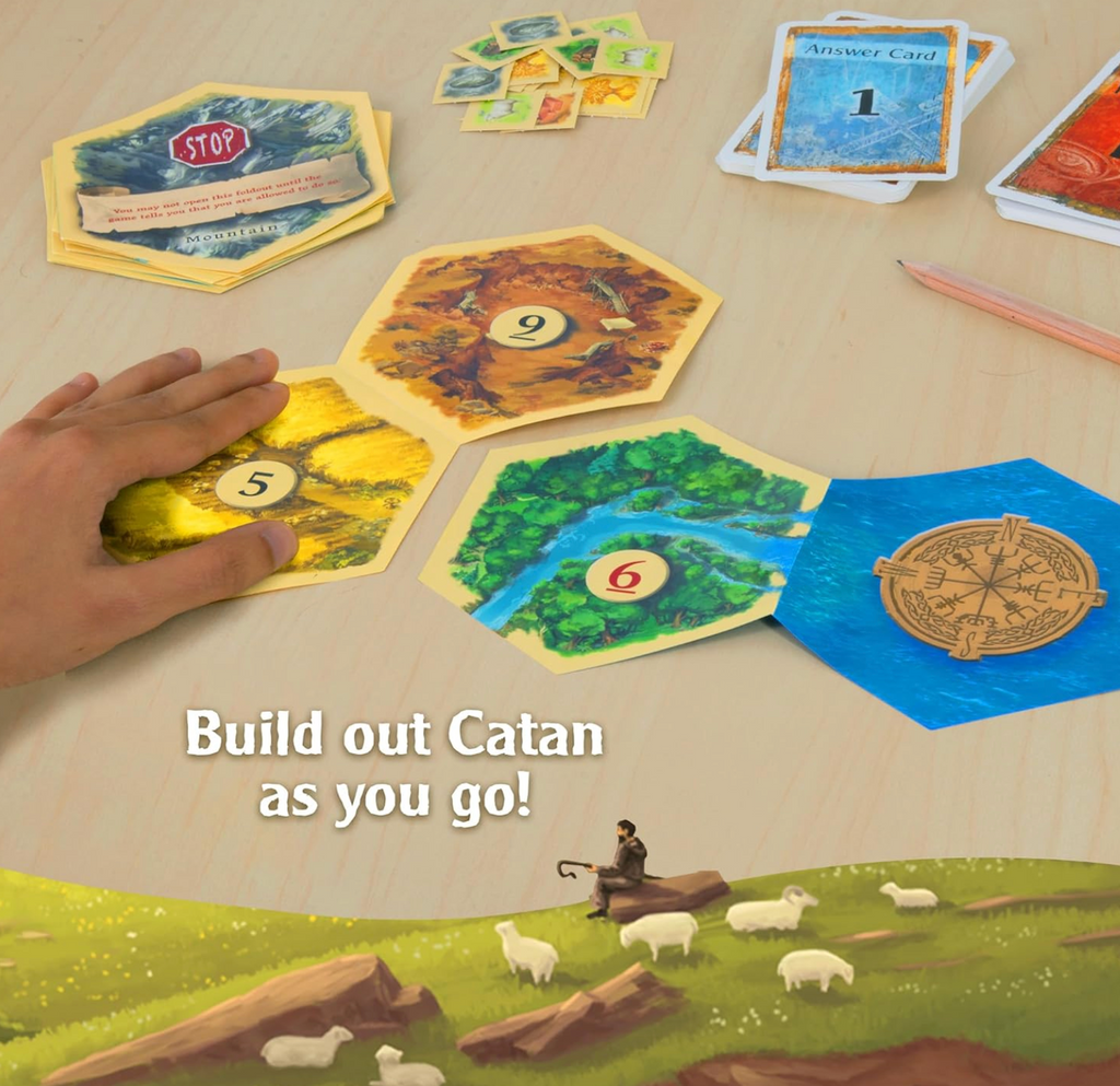 Action and answer cards from Catan set up on a table in game play. With "Build out Catan as you go!"