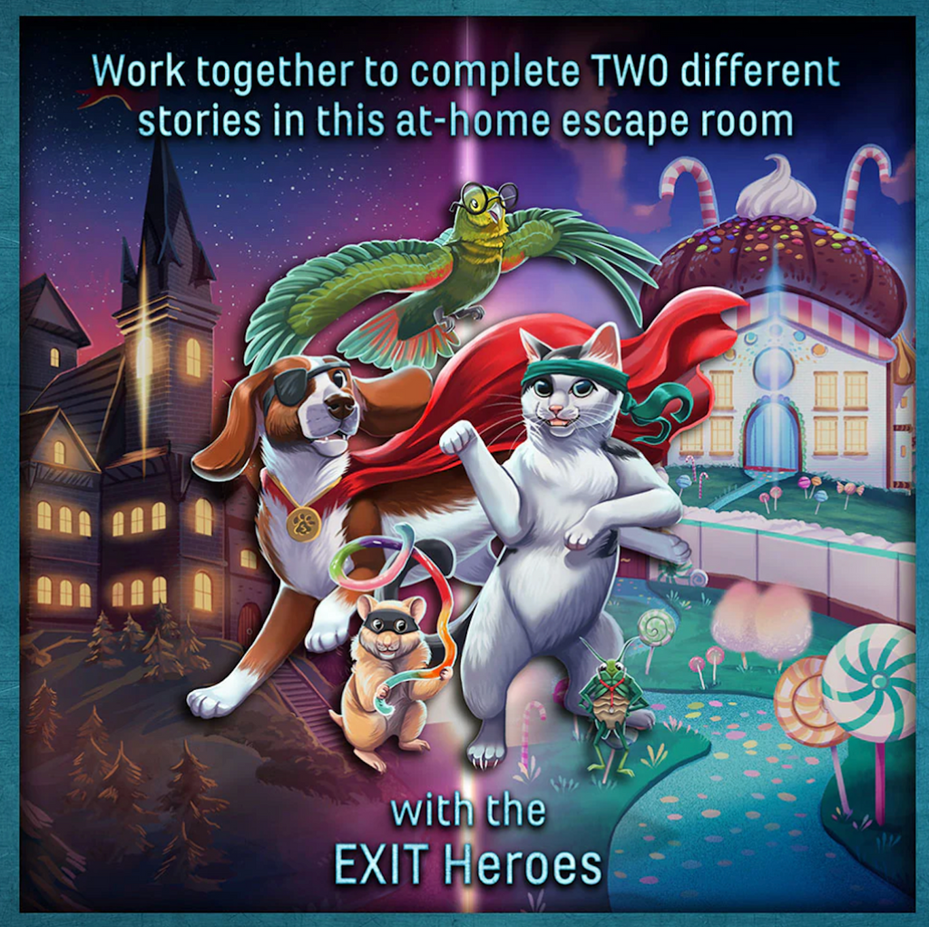 An illustrated graphic of the Exit Heroes characters from the game. The Heroes are a cat, dog, mouse and parrot. They are set on a colorful backdrop depicting the scenes in each of the games included in this set. 