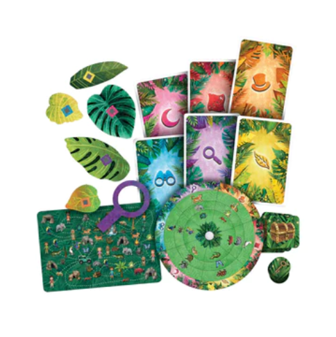 Game board, cards and pieces to Exit the Game Jungle of Riddles. 