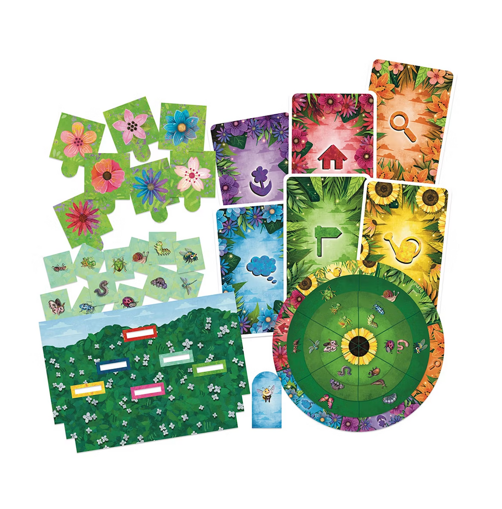 Collection of colorful game cards, game boards and wheel used in Exit The Game The Great Bee-scape. 