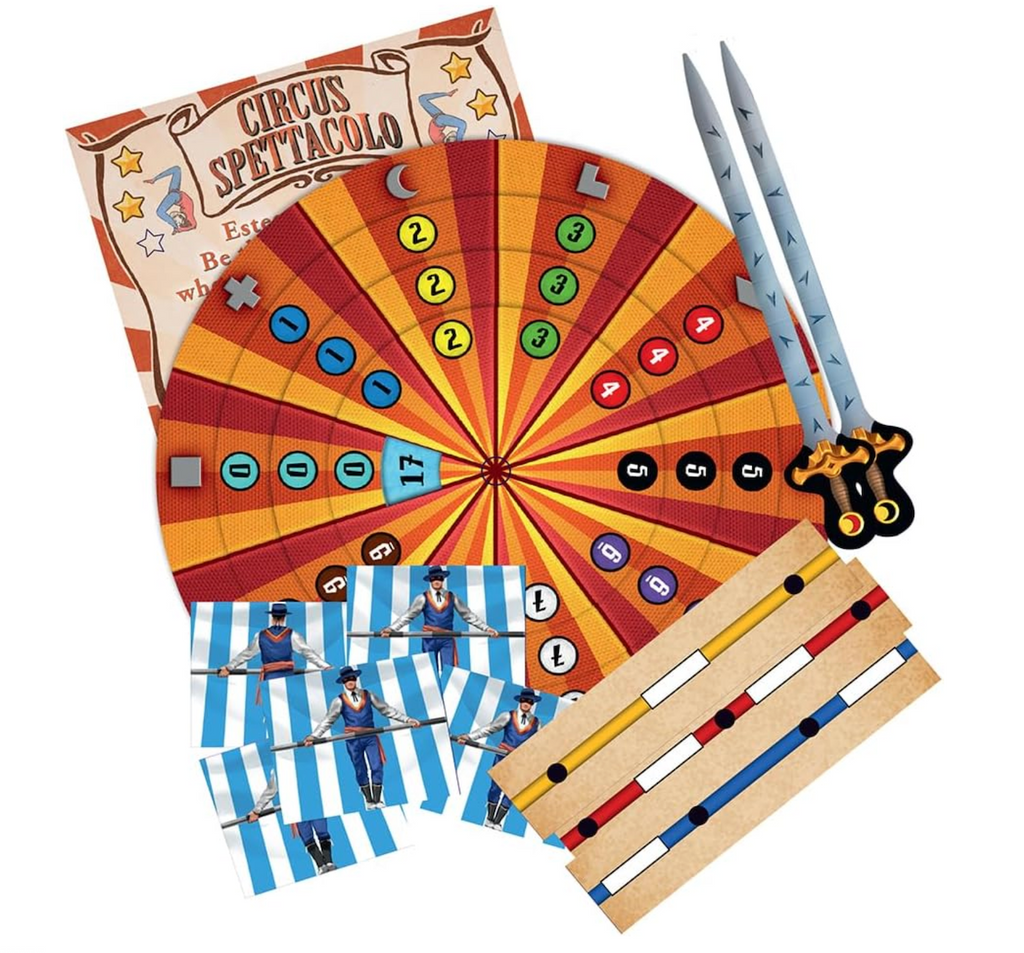 Exit The Game Circus Mystery game pieces with a wheel, cards, and swords. 