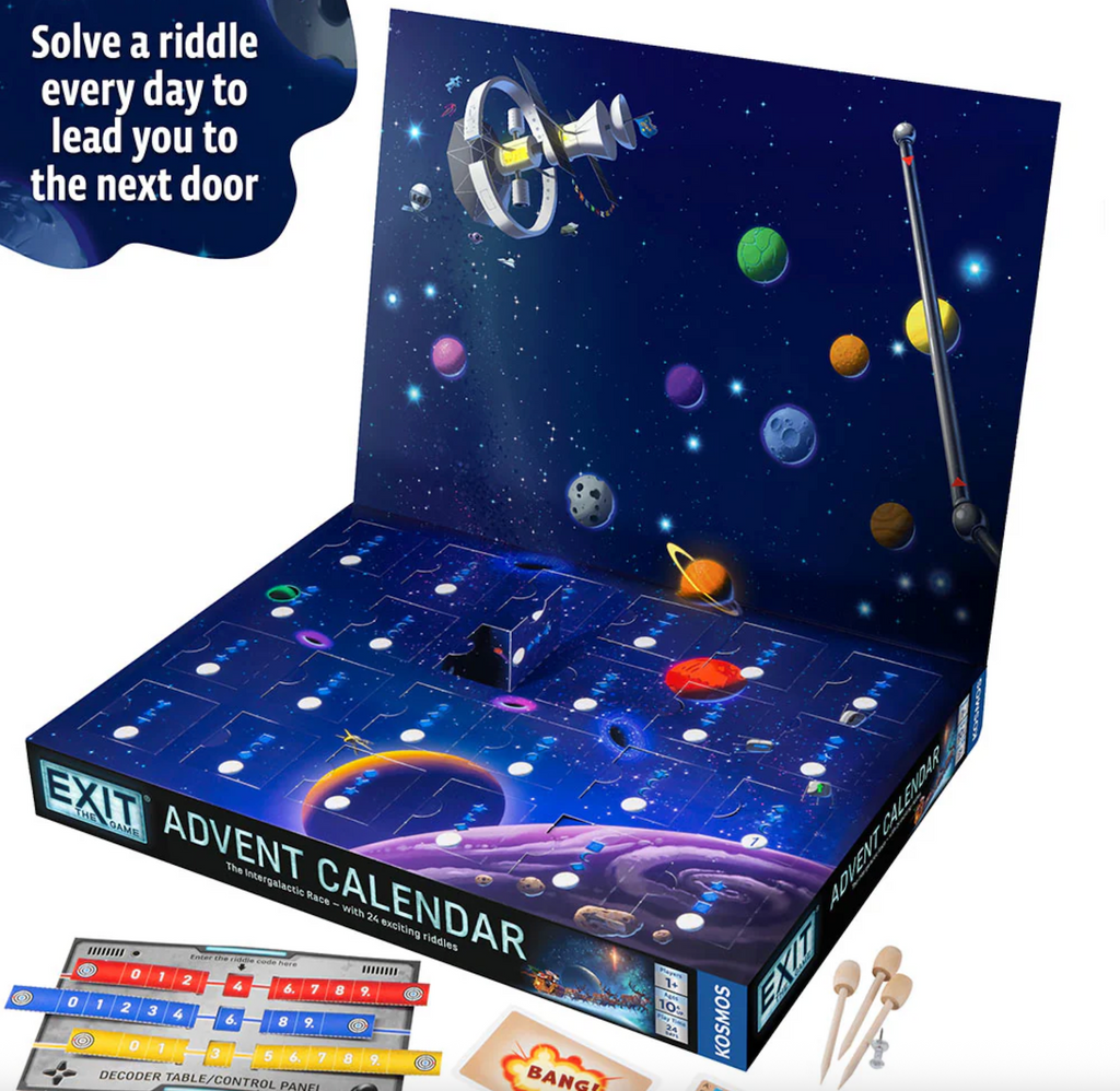 Space-themed EXIT The Intergalactic Race Advent Calendar with planets and stars on a blue box that has 24 doors that open each day to reveal the clues. 