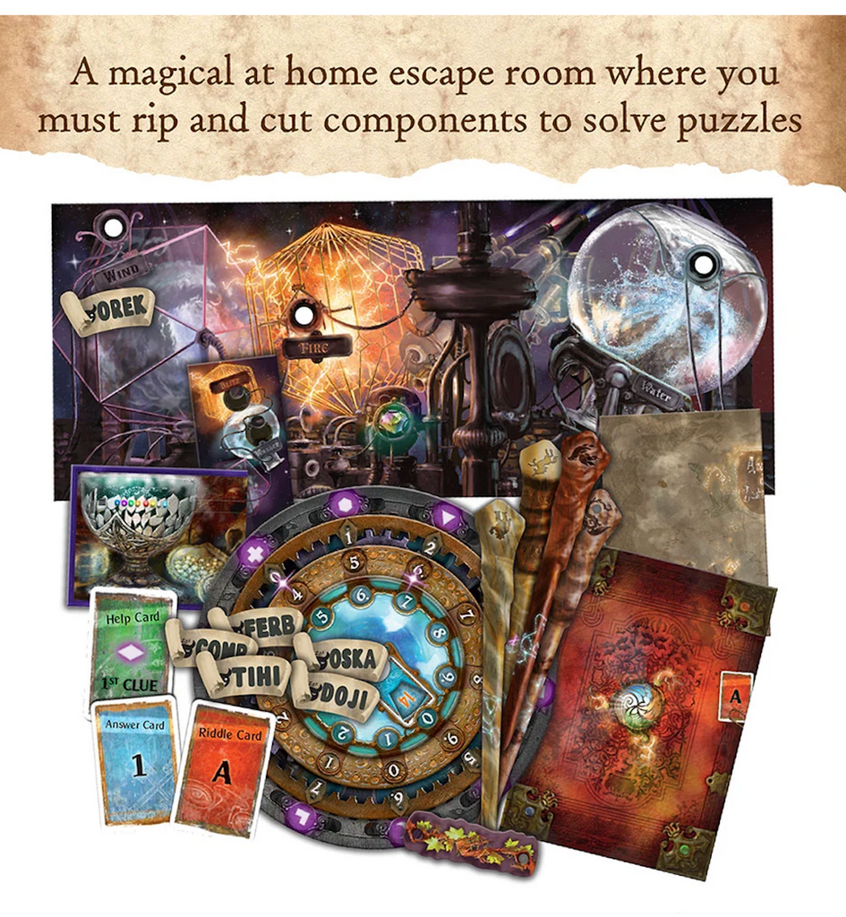Props and tools for Exit The Game, The Magical Academy including paper wands, riddle cards, and maps used to complete at home escape room game. 