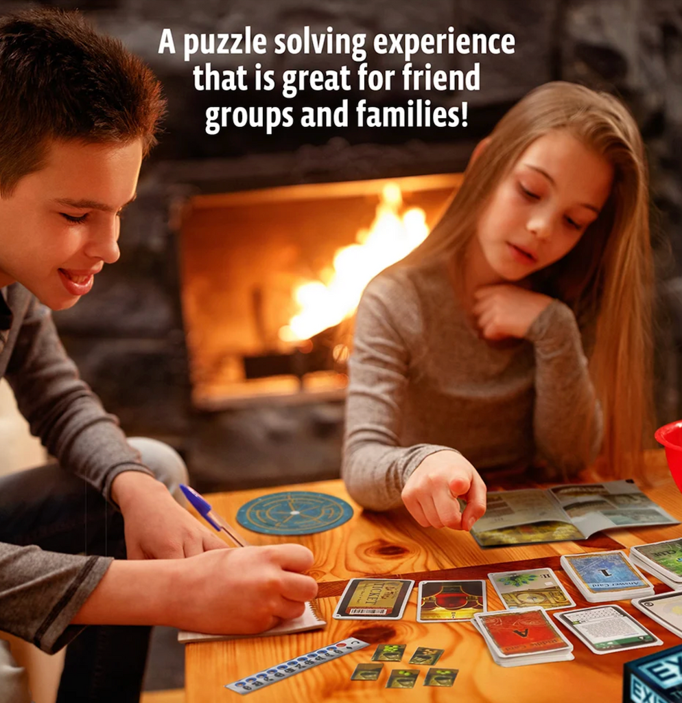 A couple of kids playing The Venice Conspiracy Exit game in front of a fire 