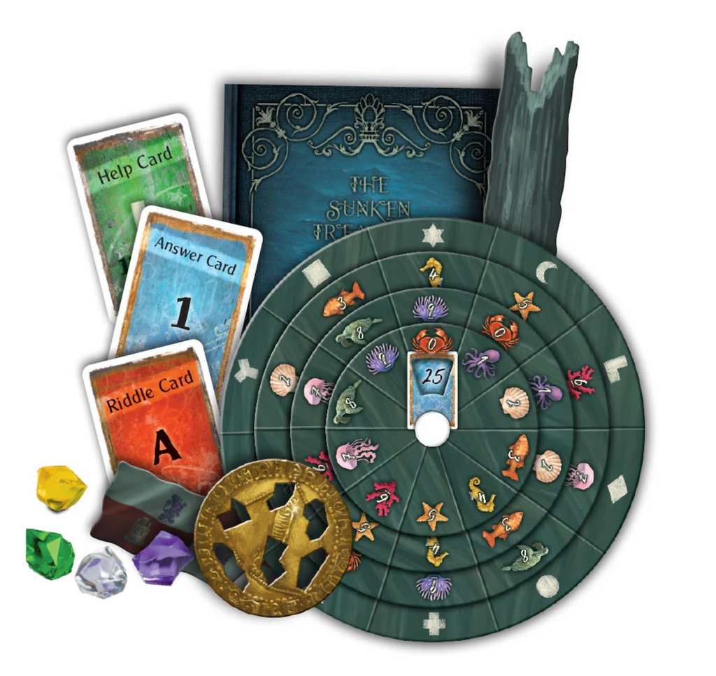 Riddle, Answer and help cards, instruction booklet and treasure, all tools used to solve the mystery of Exit The Game Sunken Treasure. 