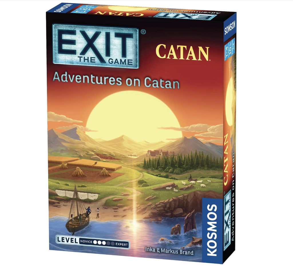 Cover of the box for the game Exit The Game Adventures on Catan, featuring an illustrated of a growing village by the sea with a giant moon rising beyond the mountains. 