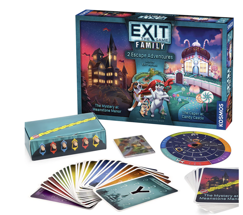 EXIT The Game Family, 2 Escape Adventures game box set in the background with the game spinner, cards and other components set up for game play. 