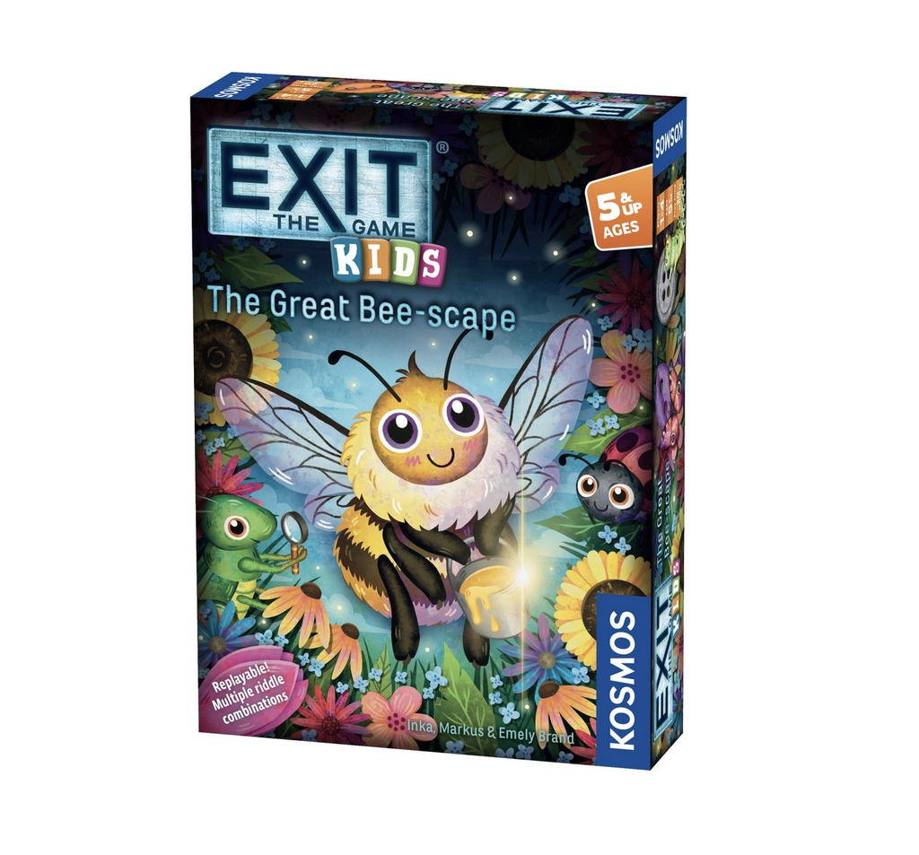 Exit The Game Kids The Great Bee-scape game packaged in a colorfully illustrated box with an illustrated bee holding a bucket of pollen surrounded by other insects and flowers. 