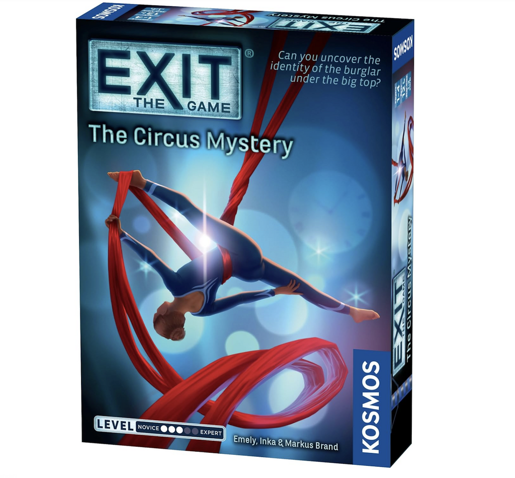 Exit The Game The Circus Mystery product box featuring an illustration of an aerial silk artist suspended in the air. 