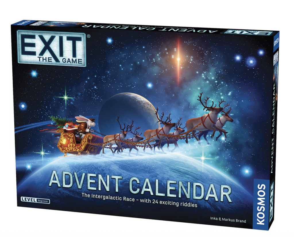 Box for Exit The Game The Intergalactic Race Advent Calendar featuring a Rabbit like creature driving a sleigh pulled by reindeer against a backdrop of space and planets. 
